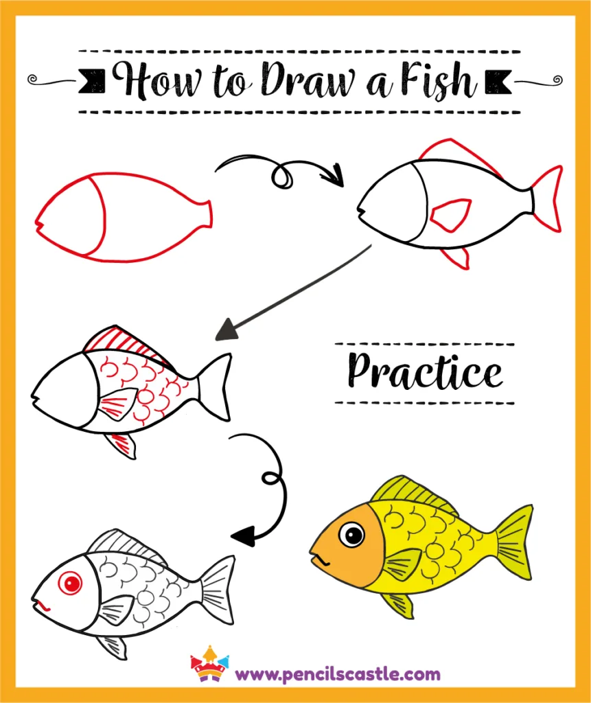 How to Draw a Fish for Kids (Easy Drawing + Free PDF) - Pencils Castle, image size:861x1024
