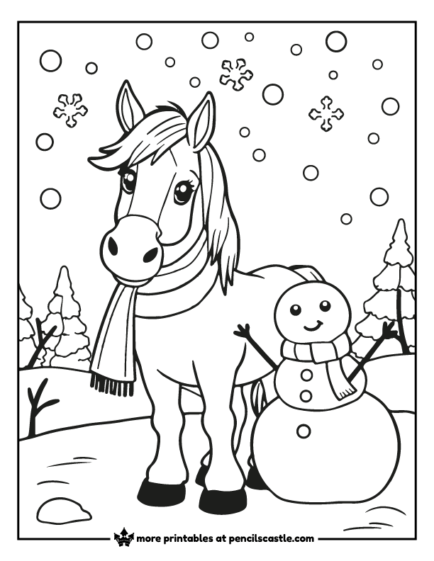 A horse with a snowman coloring page