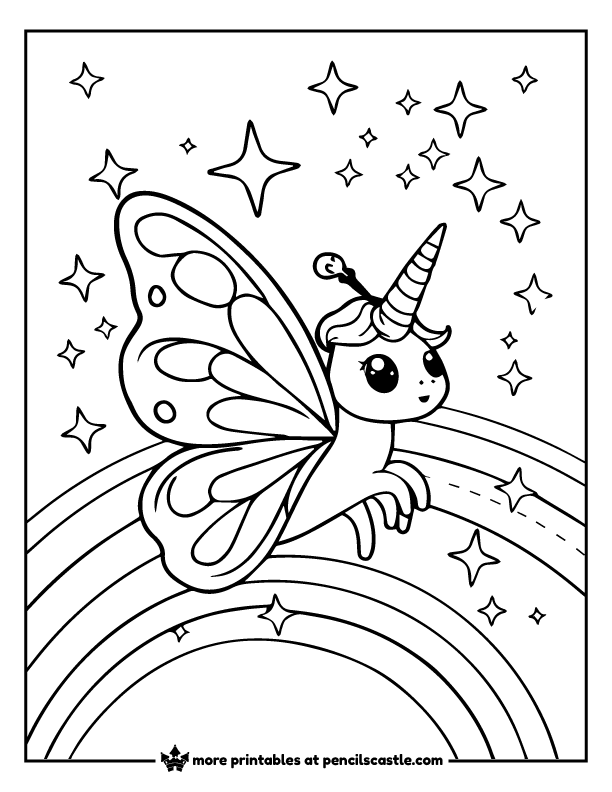 butterfly with a unicorn horn, stars and rainbows coloring page