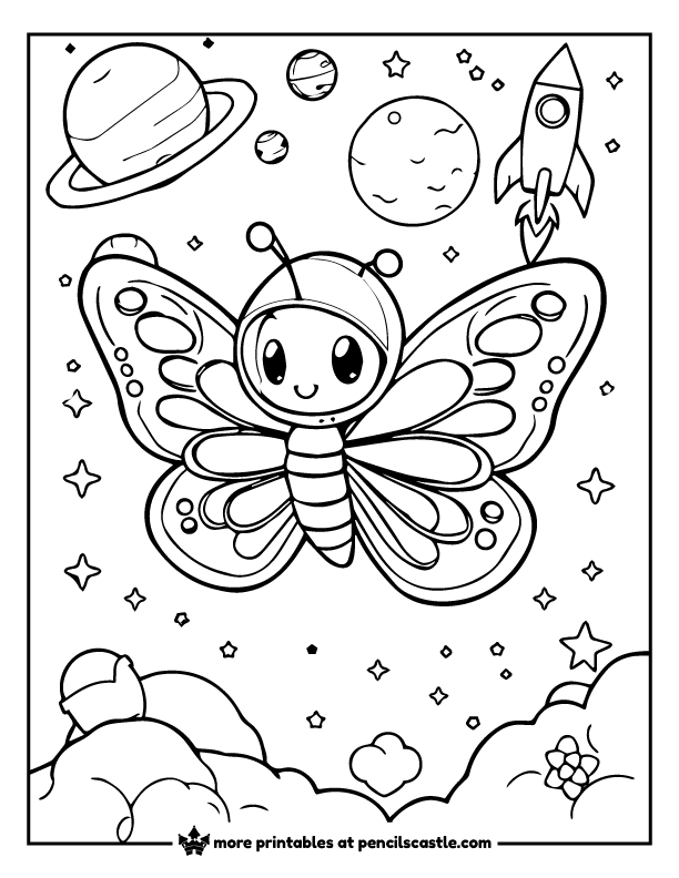 butterfly with a tiny space helmet, planets, stars, and a rocket