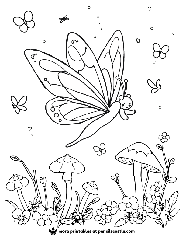 coloring page of butterfly with little fairies, fairy lights and cute mushrooms.