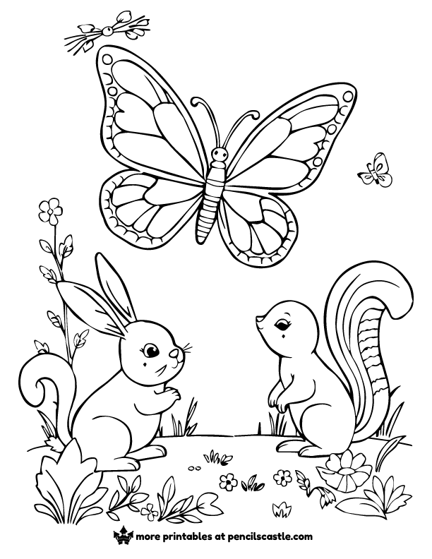 coloring page of butterfly in forest with animals like bunnies and squirrels.