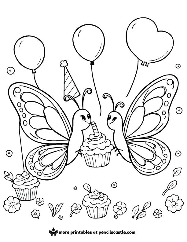 butterflies with party hats, balloons, and cupcakes