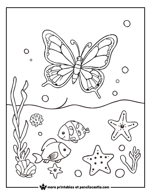 coloring page of butterfly Hovering over the ocean, with fish, seashells, and starfish.