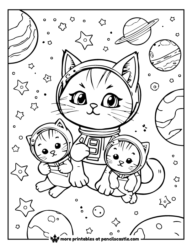 cat and kittens with space helmets, planets and stars