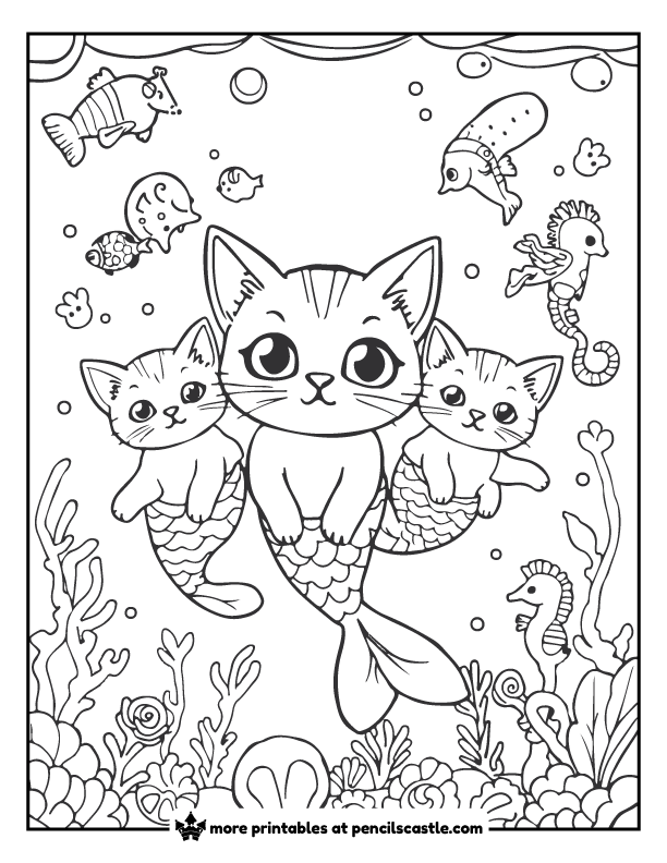 mermaid cats with fish, seahorses and seashells. 