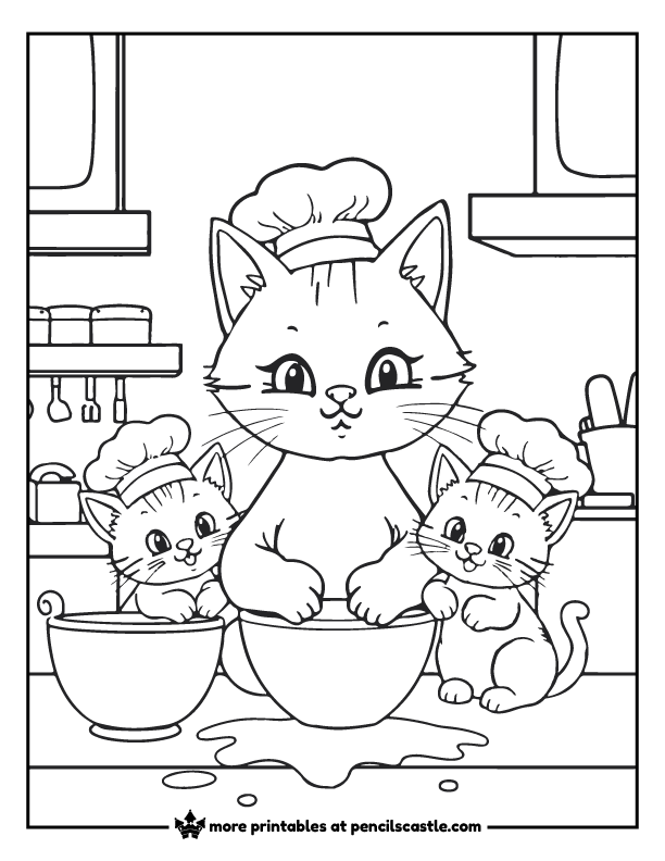 chef cat and kittens in the kitchen