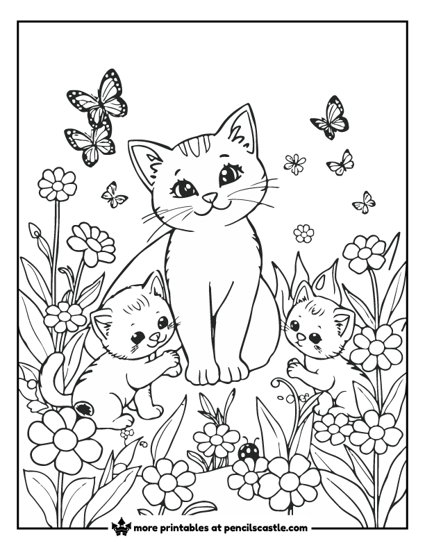 cat and kittens in the garden with butterflies and flowers