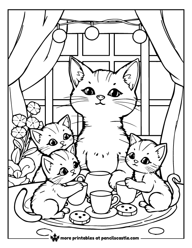 kittens tea party with teacups and cookies