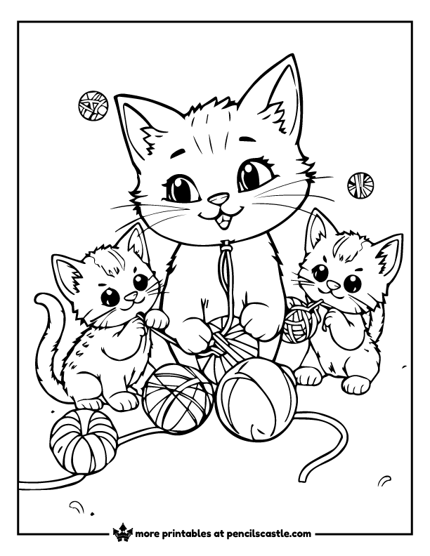 cat and kittens playing with yarn balls