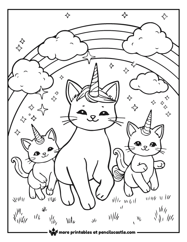 unicorn kittens with rainbow and clouds