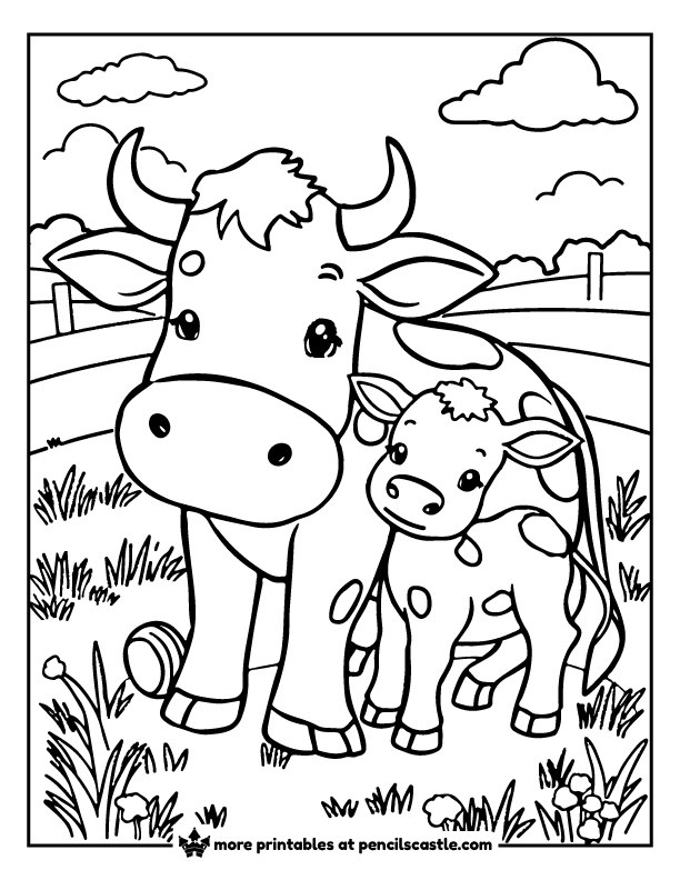 cow and baby calf in a farm coloring page