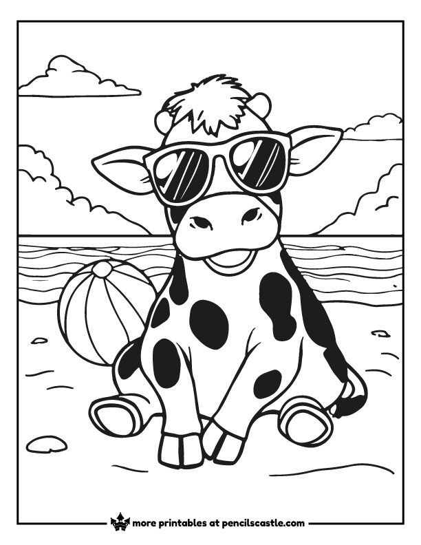 cow at the beach with sunglasses and a beach ball