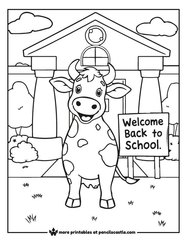 a cow standing in front of a school with a welcome back to school sign