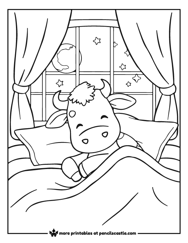 coloring page of a a cow in bed with stars and the moon.