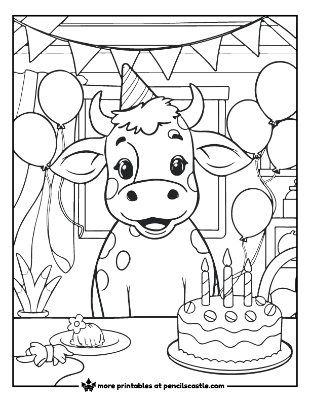 a cow with balloons, streamers, and a cake 