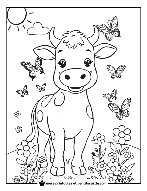 cow with butterflies and flowers coloring sheet