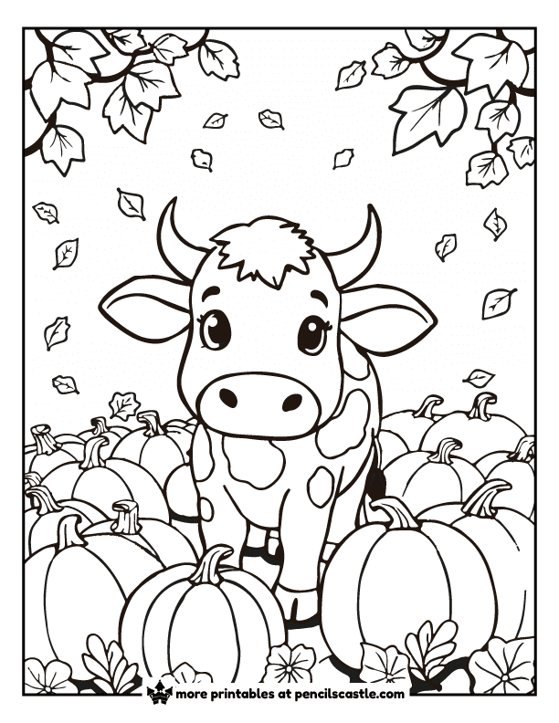 cow in a pumpkin patch with fall leaves coloring page