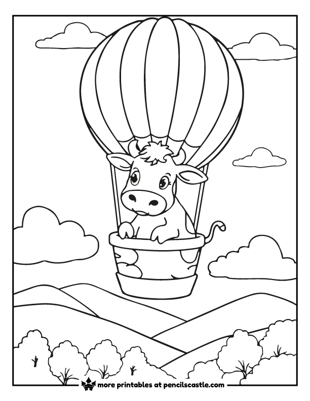 coloring sheet of a cow in a hot air balloon with clouds, trees and hills