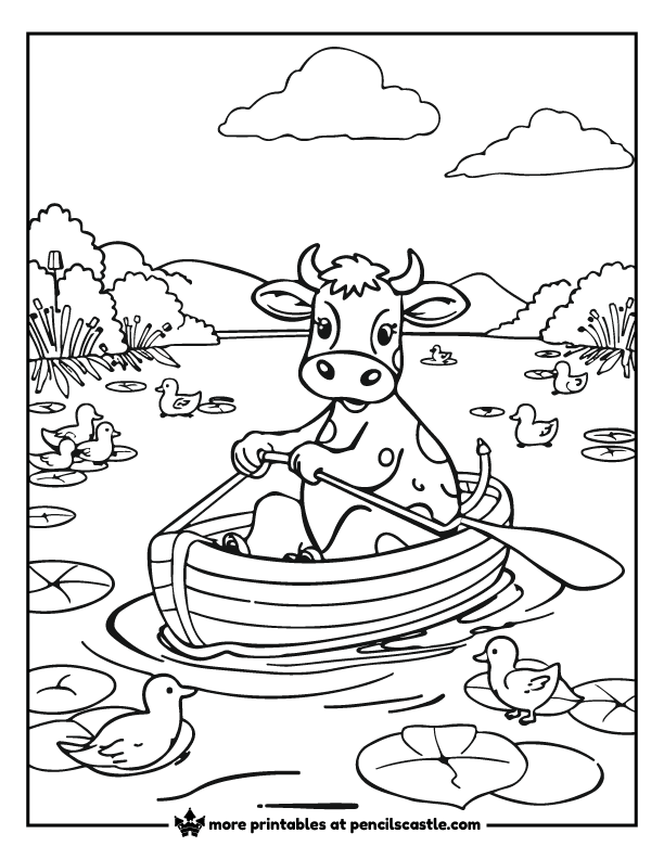 coloring  page of a cow in a boat with ducks and lily pads