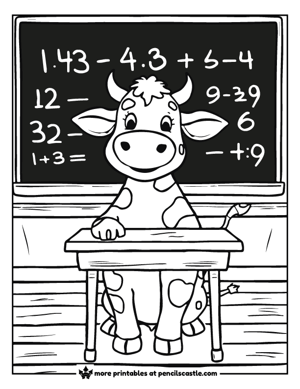 a cow in the classroom with a chalkboard in the background