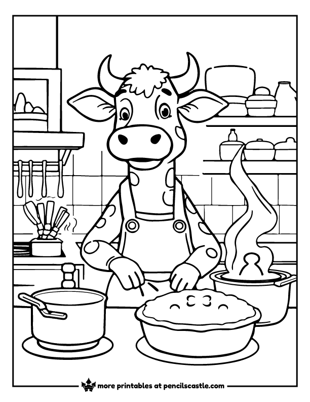 cow in the kitchen with pots and a pie