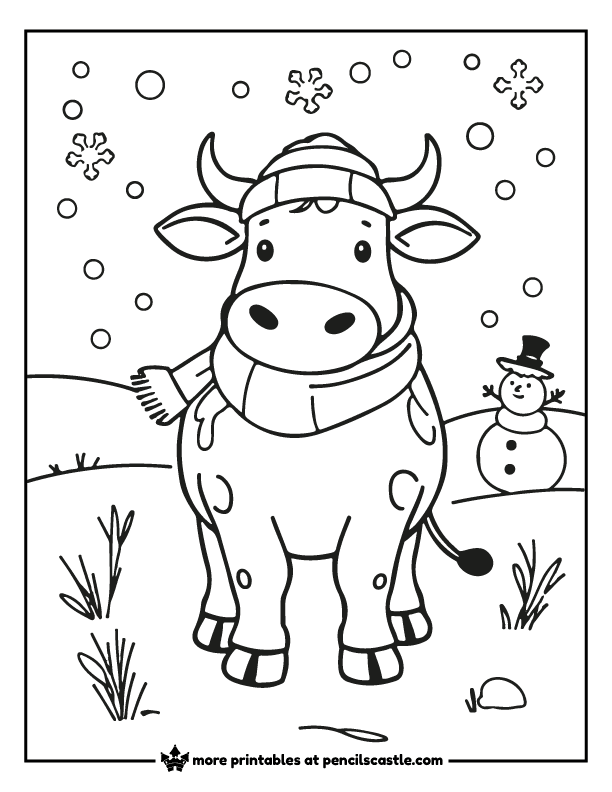 a cow standing with a snowman, snow, and snowflakes