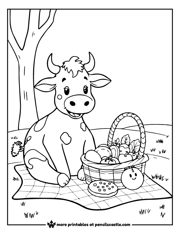 cow with a picnic basket on a checkered blanket 