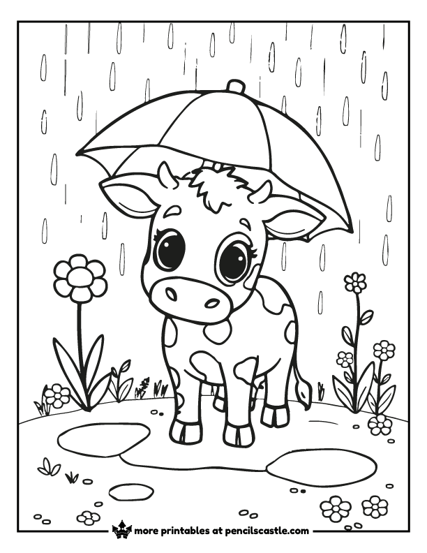 cow under an umbrella with puddles and flowers