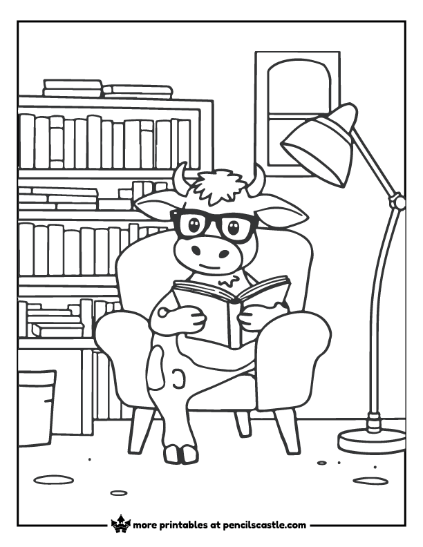 cow reading a book with a bookshelf behind it