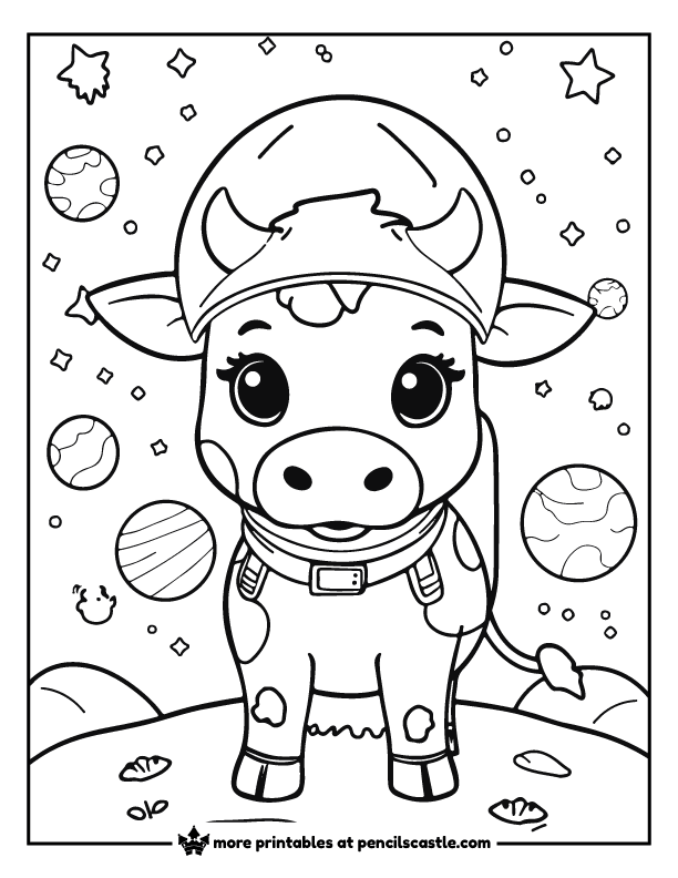 cow in an astronaut helmet with stars and planets