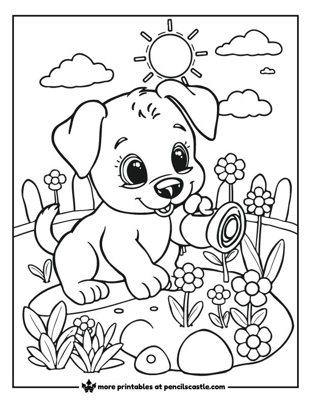 a puppy watering plants and flowers under a bright sun