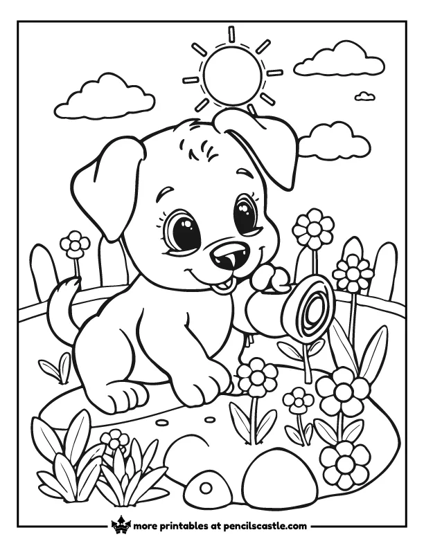 a puppy watering plants and flowers under a bright sun coloring sheet
