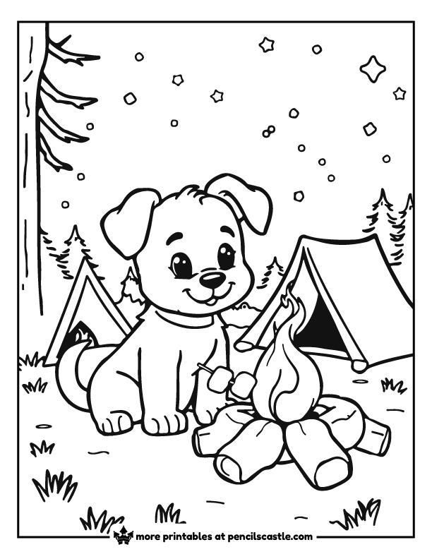 a camping puppy dog , with campfire and marshmallows.