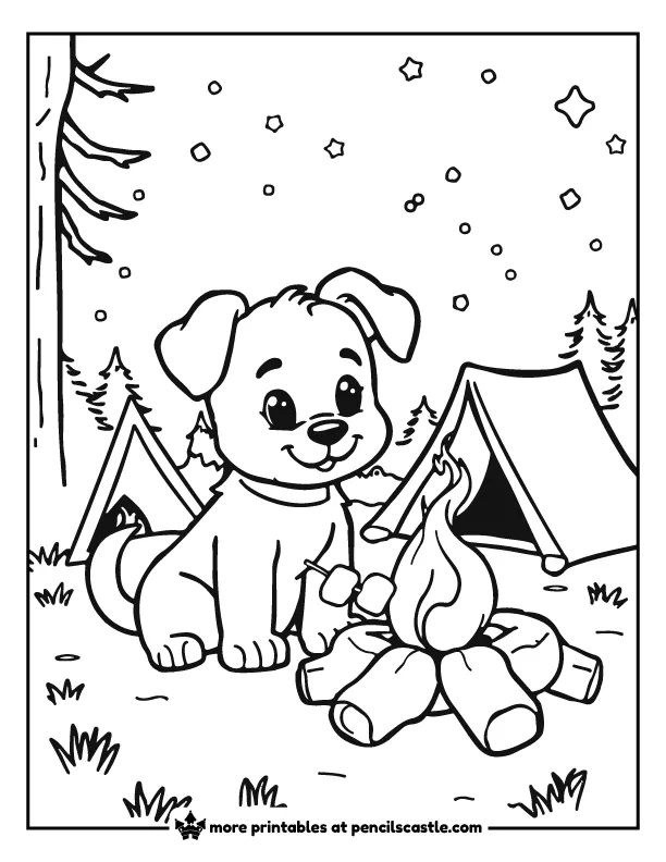 a camping puppy dog with campfire, marshmallows and a camping tent coloring page