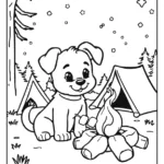 a puppy sitting by a cozy campfire under a starlit sky coloring page