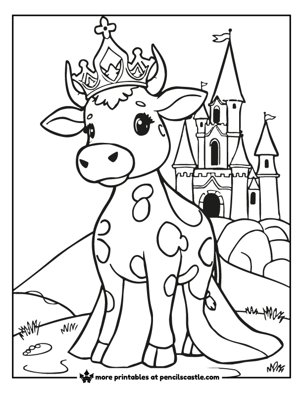 a cow with a crown and gown beside a castle