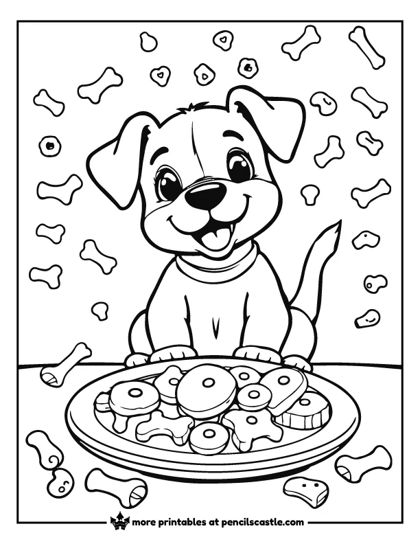  a puppy dog with a plate of bones and cookies coloring page