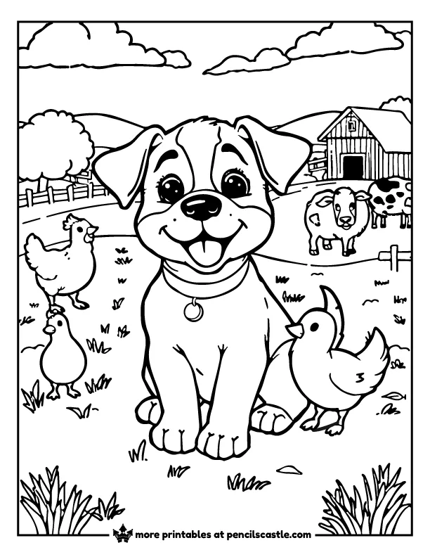 a dog in the countryside, with chickens and cows coloring page