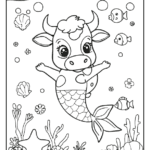 a cow mermaid, with fish starfish and seashells.