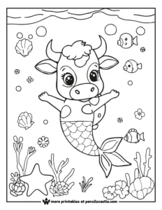 a cow mermaid, with fish starfish and seashells coloring page