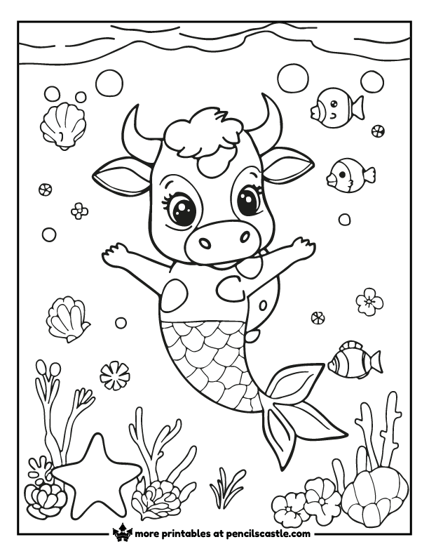 a cow mermaid, with fish starfish and seashells.