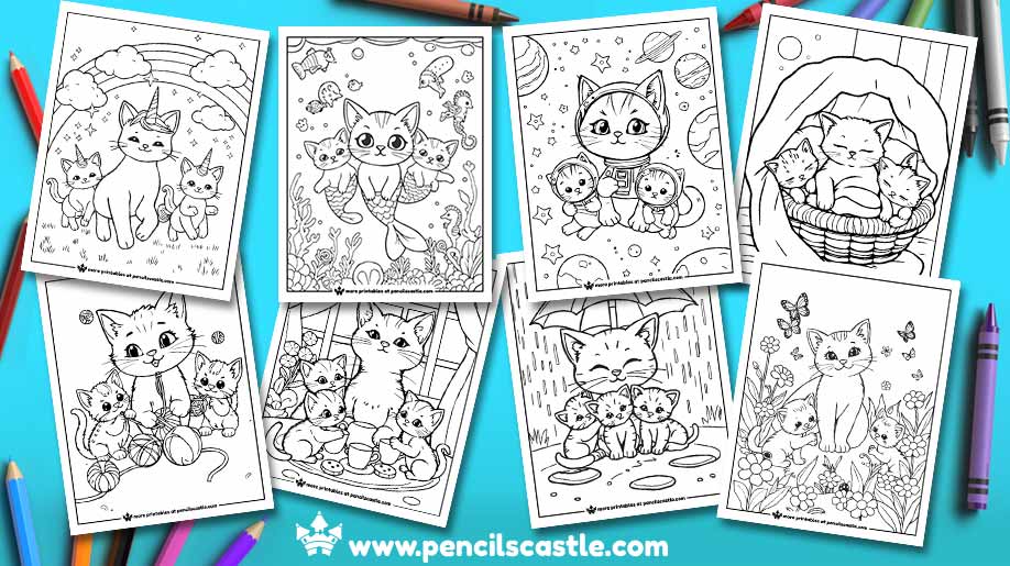 cat and kittens coloring pages with crayons, on a blue background