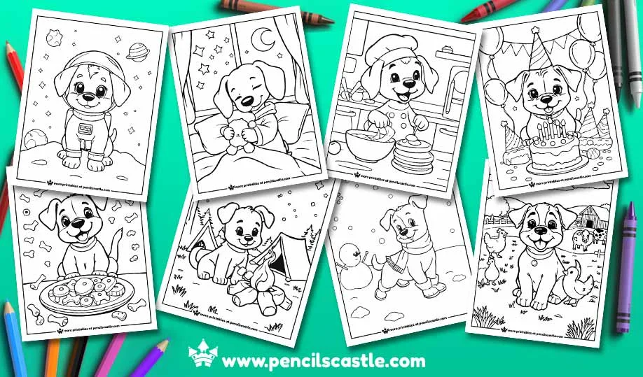 preview of 8 puppy dog coloring pages with crayons, on a blue background