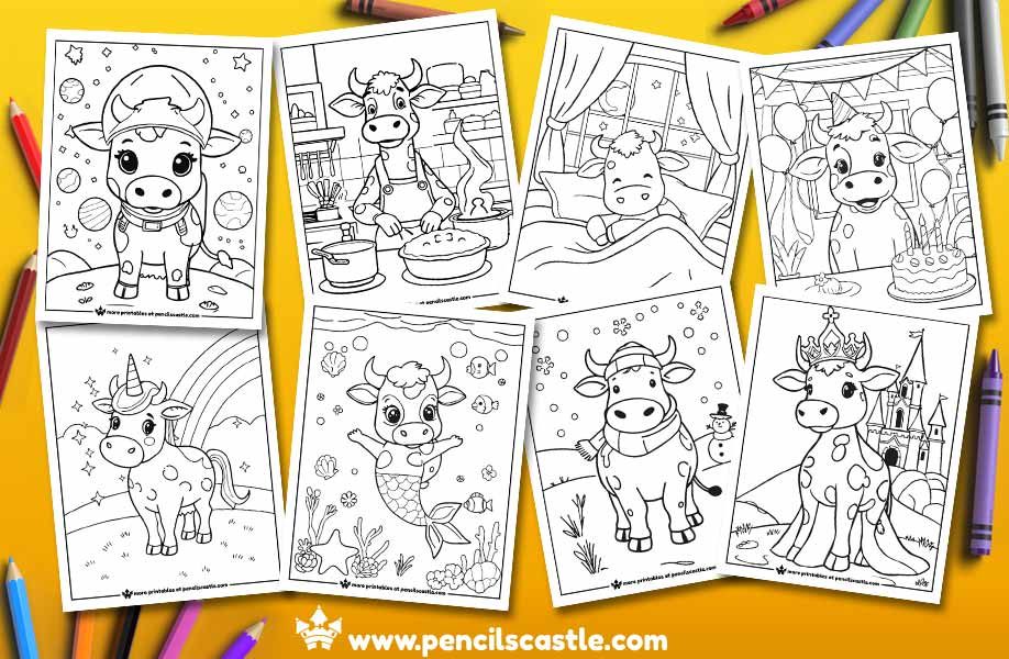 cow coloring pages with crayons, on a yellow background