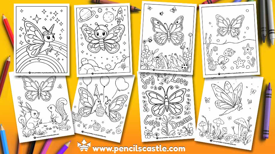 butterfly coloring pages with crayons, on a yellow background