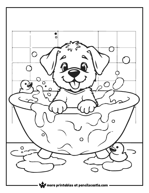  puppy in a bathtub with rubber ducks and soap suds