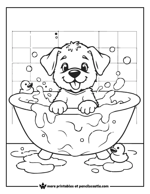  puppy in a bathtub with rubber ducks and soap bubbles coloring page