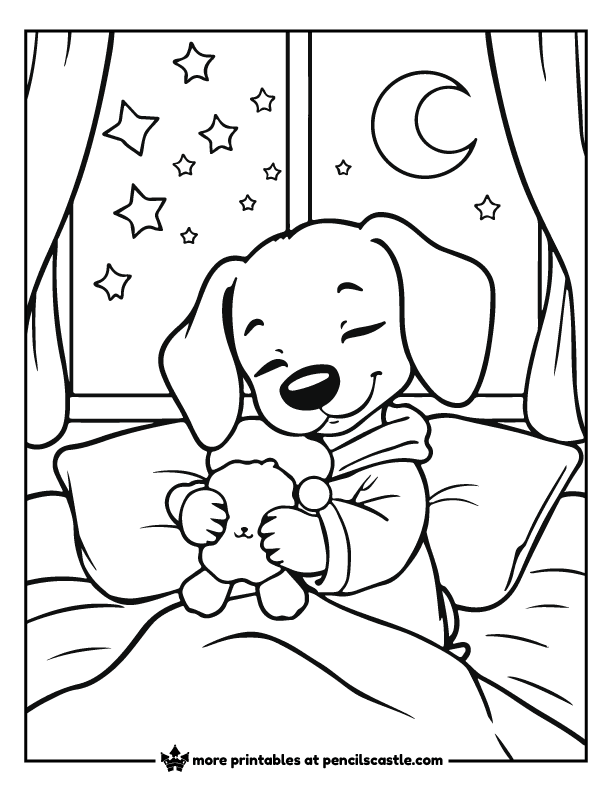 sleepy puppy in pajamas, holding a toy with stars and moon in the background