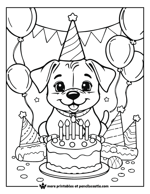 a puppy with balloons, a cake and party hats